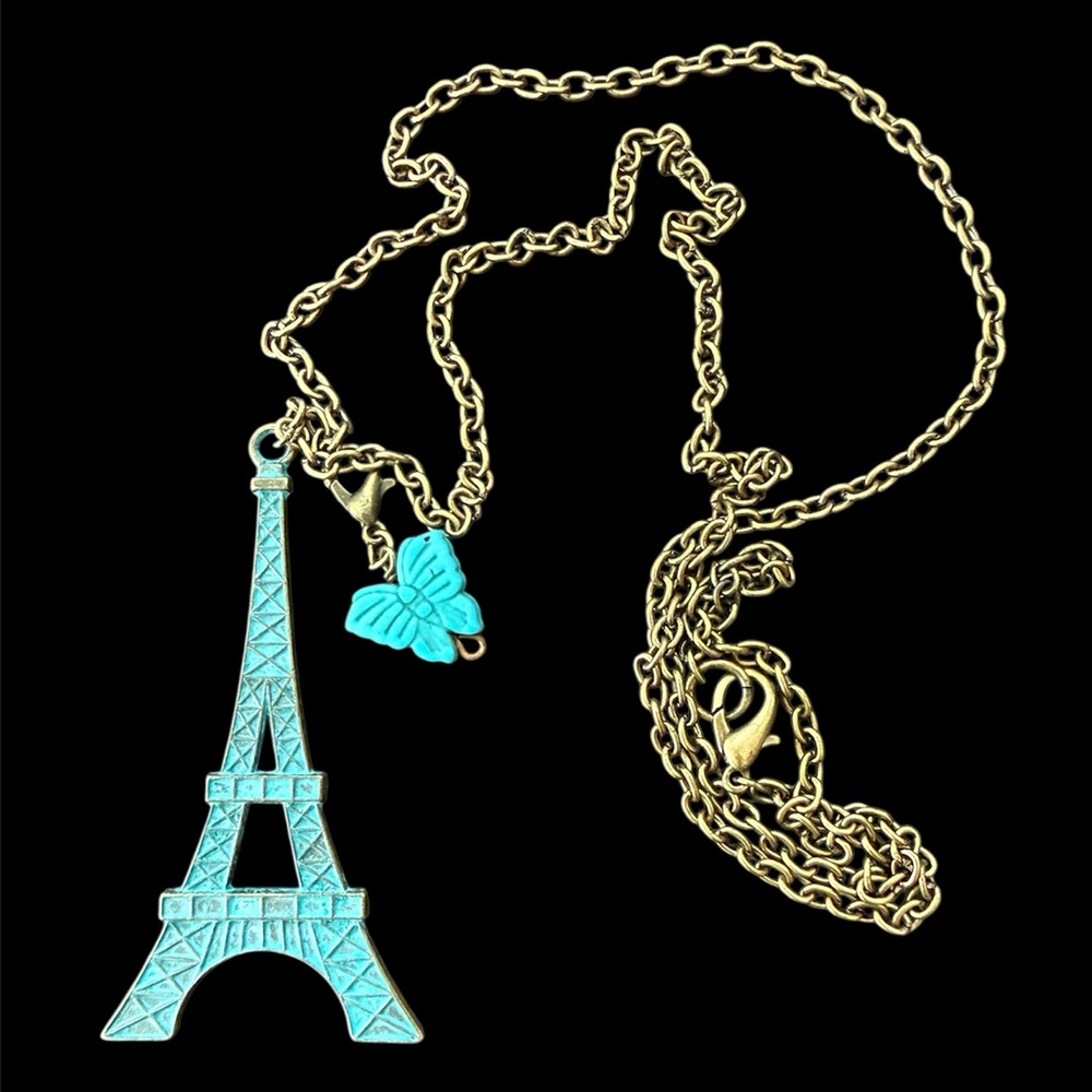 Bronze Patina Eiffel Tower Carved Turquoise Butterfly Pendant Necklace - Picture 9 of 9